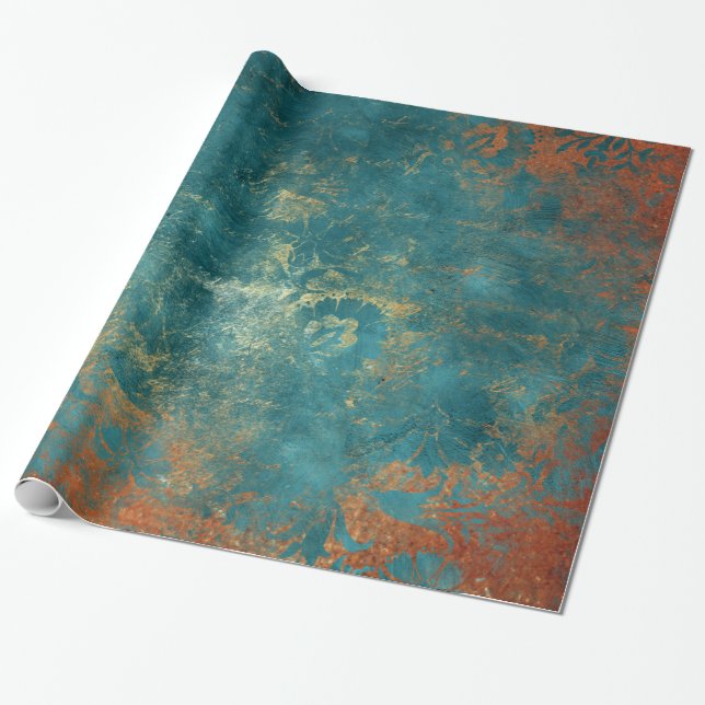 Papel De Presente Grunge Copper Patina e Turquoise Damask (Desenrolado)