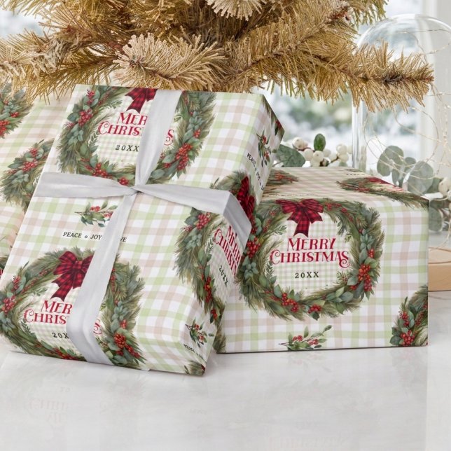 Papel De Presente Guarda-chuva de Gingham Aquarela Natal (Criador carregado)