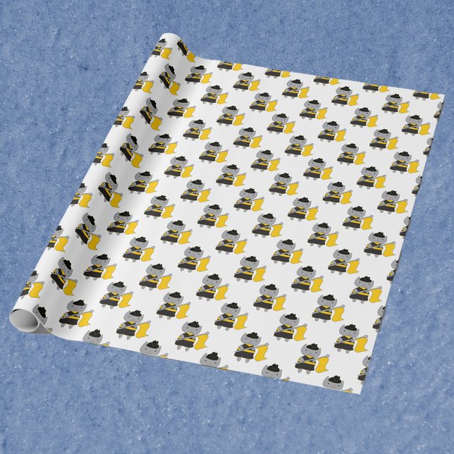 Papel De Presente Guarda de Cores Kawaii Gato Preto e Amarelo (Wrapping paper featuring a cute gray cat in a black & yellow color guard uniform.)