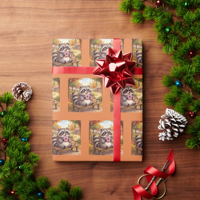 Papel De Presente Guaxinim de desenho animado fofo comendo donut de  (Presente de Natal)
