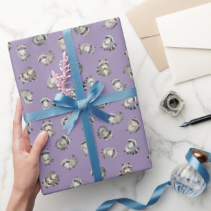 Papel De Presente Guaxinins em Aquarela Espalhados em Roxo Claro