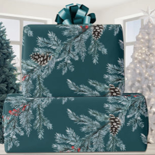 Papel De Presente Guirlanda de Cones de Abeto Azul Frutas de Ilex Ve