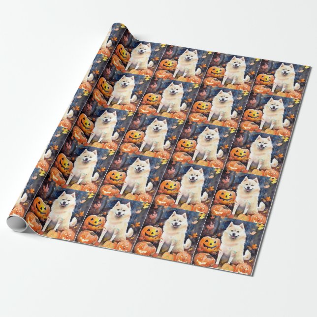 Papel De Presente Halloween American Akita Com Pumpkins Assustado (Desenrolado)