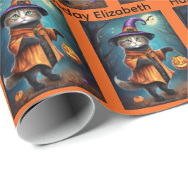 Papel De Presente Halloween Aniversário Personalizar Nome Bruxa Gato