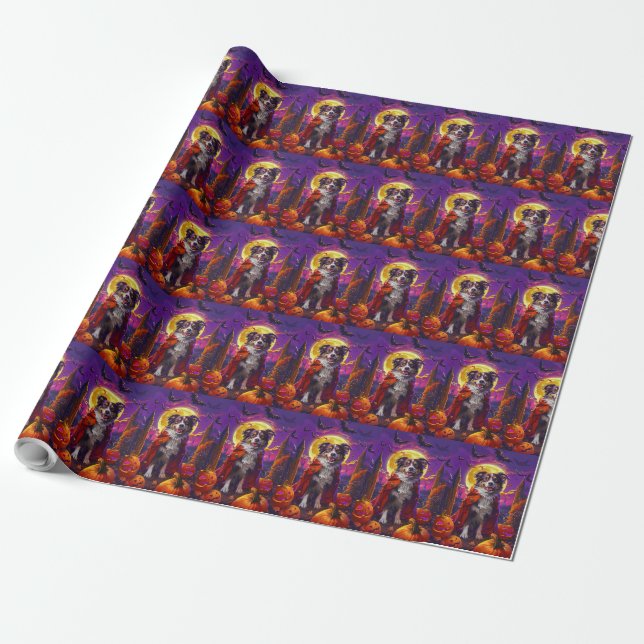 Papel De Presente Halloween Australian Shepherd Cães Abóboras Assust (Desenrolado)