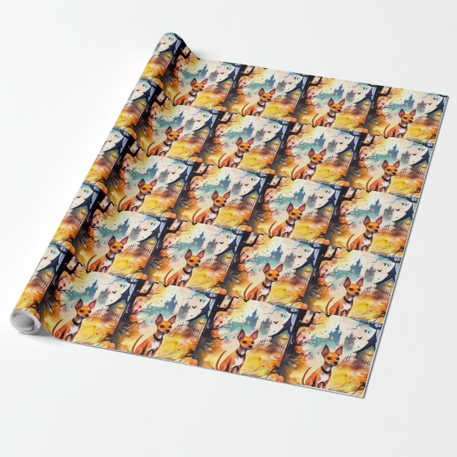 Papel De Presente Halloween Basenji Com Pumpkins Assustado (Desenrolado)