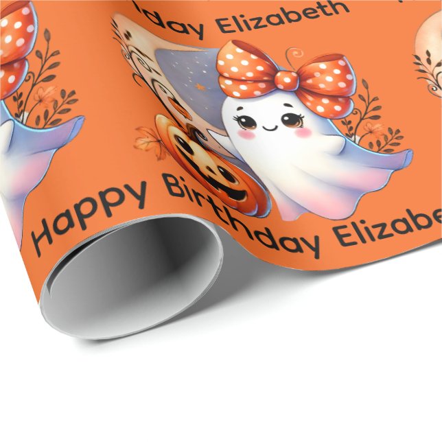 Papel De Presente Halloween Birthday Personalize Nome Girly Ghost (Ponta do rolo)