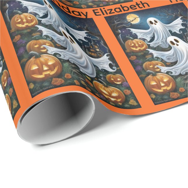 Papel De Presente Halloween Birthday Personalize Nome Spooky Ghost (Ponta do rolo)
