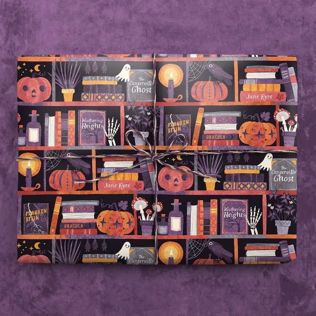 Papel De Presente Halloween Bookshelf (Gift Mockup)