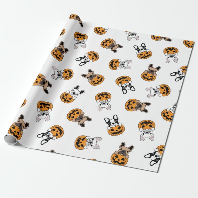 Papel De Presente Halloween Bulldog E Pumpkins Patterno (Desenrolado)