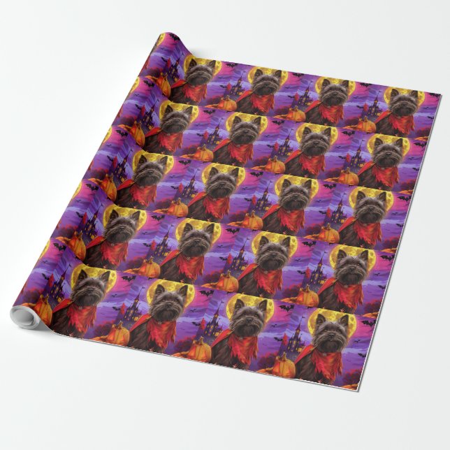Papel De Presente Halloween Cairn Terrier Vampire Pumpkins assustado (Desenrolado)