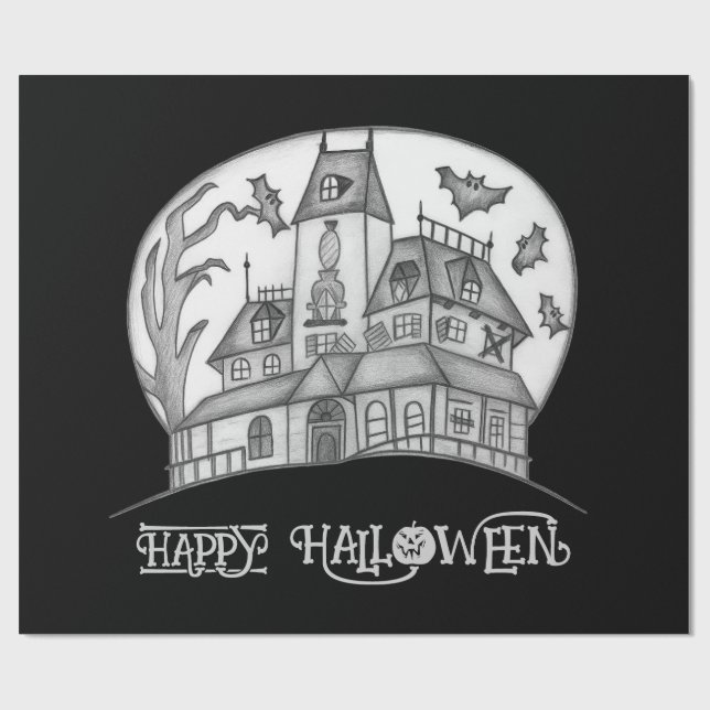 Papel De Presente Halloween, Casa Assombrada e Morcegos (Aberto)