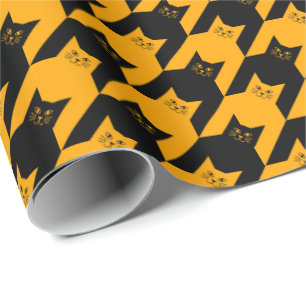 Papel De Presente Halloween Cat Houndstooth Black and Orange