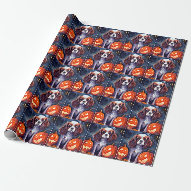 Papel De Presente Halloween Cavalier King Charles Spaniel Pumpkins (Desenrolado)