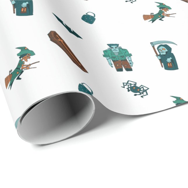 Papel De Presente Halloween Character Pattern Gift Wrap 🦇 🕸️ (Ponta do rolo)