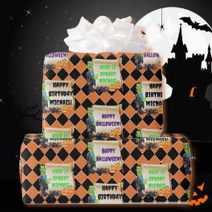 Papel De Presente Halloween Crianças Nome Frankenstein Aniversário P