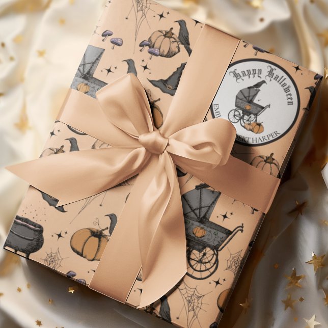 Papel De Presente Halloween de Carruagem de Bebê Laranja de Gótico P (Spooky yet Elegant Victorian Baby Carriage Custom Halloween Wrapping Paper. Hand-Drawn in Black Ink)