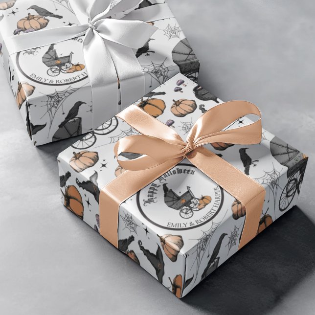 Papel De Presente Halloween de Carruagem de Gótico de Cinza personal (Spooky yet Elegant Victorian Baby Carriage Custom Halloween Wrapping Paper. Hand-Drawn in Black Ink)