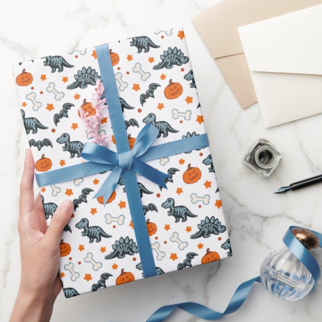 Papel De Presente Halloween Dinossaur Skeletons Pumpkin & Bats (Presentear)