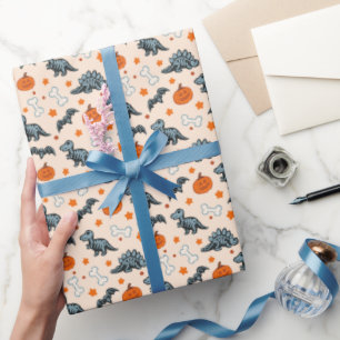 Papel De Presente Halloween Dinossaur Skeletons Pumpkin & Bats