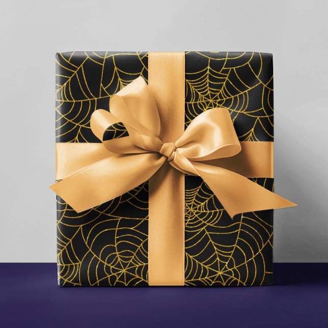 Papel De Presente Halloween Dourado de teia de aranha negra (Criador carregado)