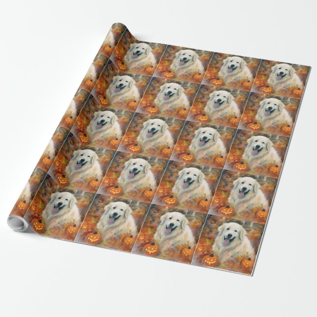Papel De Presente Halloween Grandes Pirenéus Com Abóboras Assustador (Desenrolado)