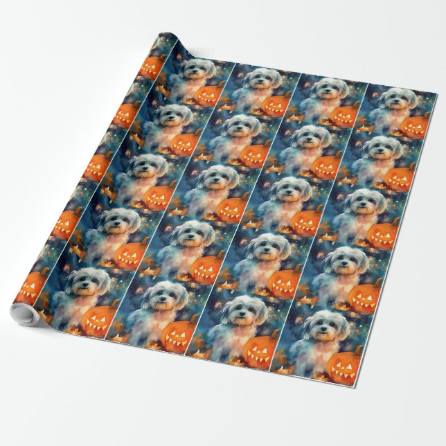 Papel De Presente Halloween Havanese Com Pumpkins Assustado (Desenrolado)