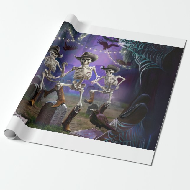 Papel De Presente Halloween Hoedown, Skeletons Dançantes Horiz (Desenrolado)