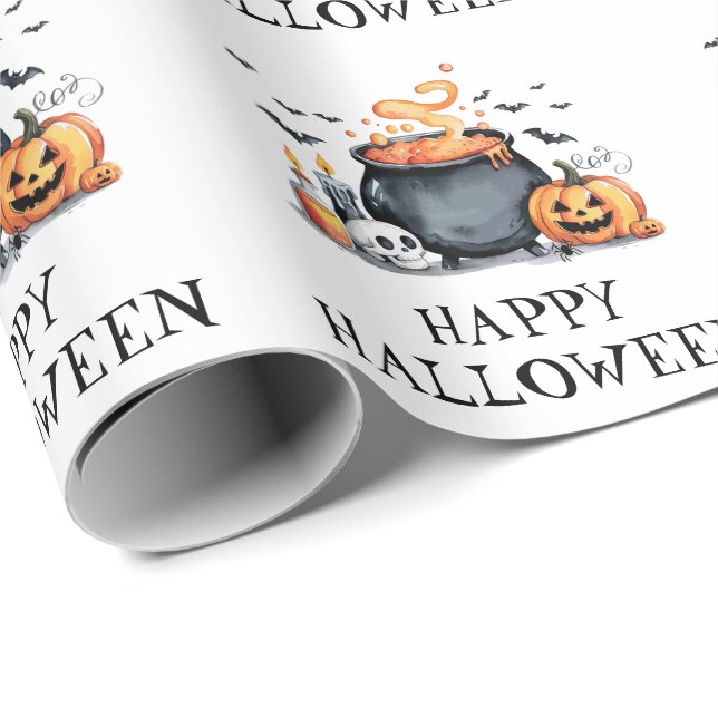 Papel De Presente Halloween Malandro Pumpkin Bats Cauldron (Ponta do rolo)