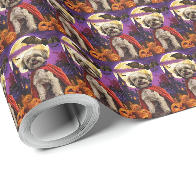 Papel De Presente Halloween Malti Tzu Vampiro Abóboras Assustador  (Ponta do rolo)