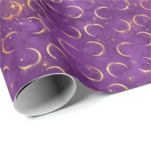 Papel De Presente Halloween Moon Crescent Spell Dourado Púrpura Padr
