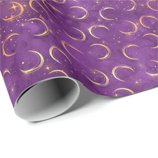 Papel De Presente Halloween Moon Crescent Spell Dourado Púrpura Padr (Ponta do rolo)