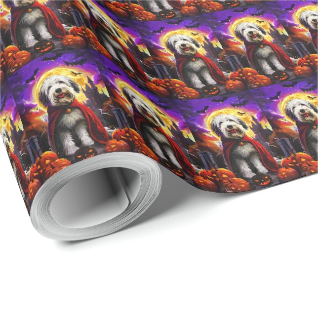 Papel De Presente Halloween Old English Sheepdog Vampire Pumpkins (Ponta do rolo)