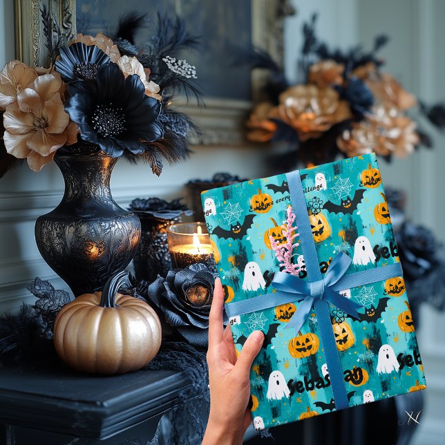 Papel De Presente Halloween Personalizado com Pumpkins e Fantasmas (Criador carregado)