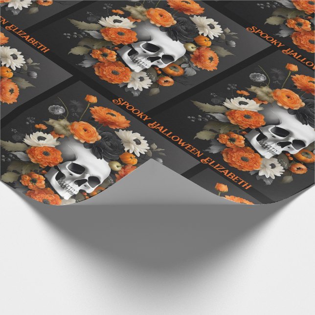 Papel De Presente Halloween Personalizar o Nome Caveira Gótica e Flo (Ponta)