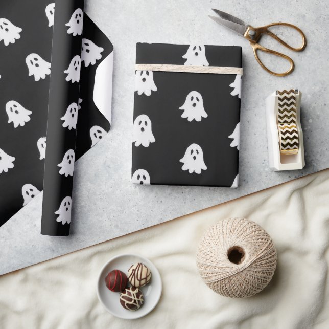 Papel De Presente Halloween Playful White Ghost Black Festive  (Artesanato)