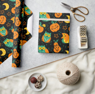 Papel De Presente Halloween Pumpkins Moon Owls Wraps Paper