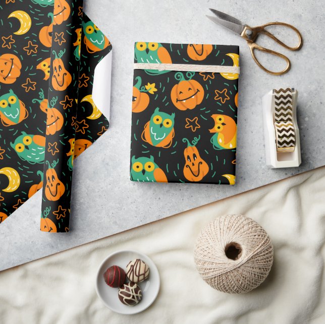 Papel De Presente Halloween Pumpkins Moon Owls Wraps Paper (Artesanato)