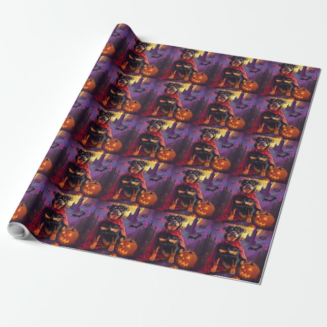Papel De Presente Halloween Rottweiler Vampiro Pumpkins assustado (Desenrolado)