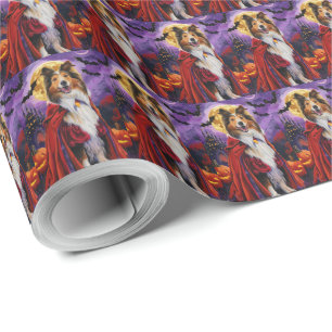 Papel De Presente Halloween Rough Collie Vampire Pumpkins assustado