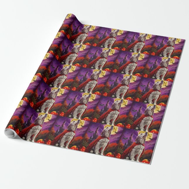 Papel De Presente Halloween Setter Inglês Vampiro Abóboras Assustado (Desenrolado)