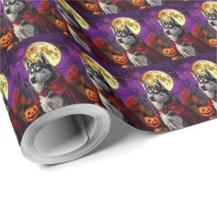 Papel De Presente Halloween Siberian Husky Vampiro Pumpkins assustad