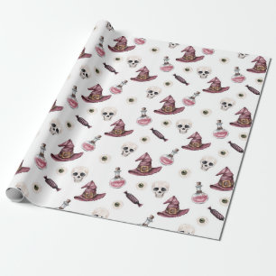 Papel De Presente Halloween Skulls, Witch Hats, Potions e Eyeball