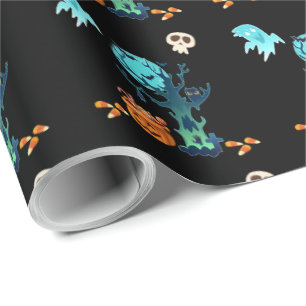 Papel De Presente Halloween Spooky Ghosts Bats Skulls & Candy