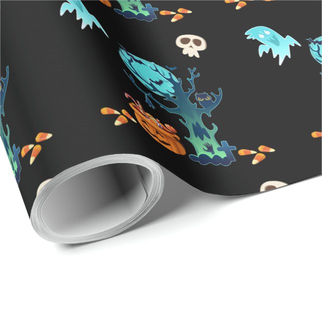 Papel De Presente Halloween Spooky Ghosts Bats Skulls & Candy (Ponta do rolo)