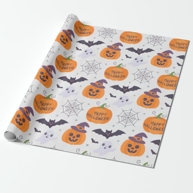 Papel De Presente Halloween Spooky Pumpkin Bats Ghost Patterno (Desenrolado)