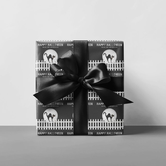Papel De Presente Halloween Spooky Scary Haunted House Wrappin (Halloween spooky black cat wrapping paper. )