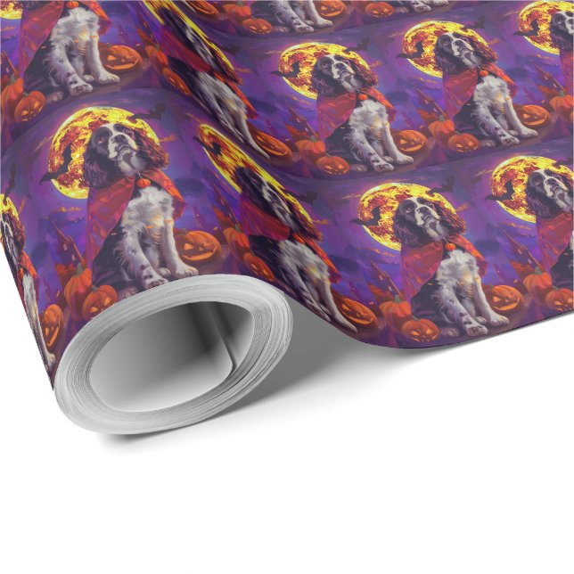 Papel De Presente Halloween Springer Spaniel Vampiro Abóboras Assust (Ponta do rolo)