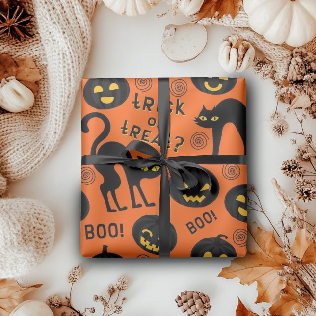Papel De Presente Halloween Trick or Treat Black Cat Gothic Pumpkins (Halloween Trick or Treat Black Cat Gothic Pumpkins Wrapping Paper)