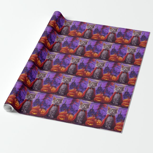 Papel De Presente Halloween Turco Angora Cat Vampiro Pumpkin Assusta (Desenrolado)